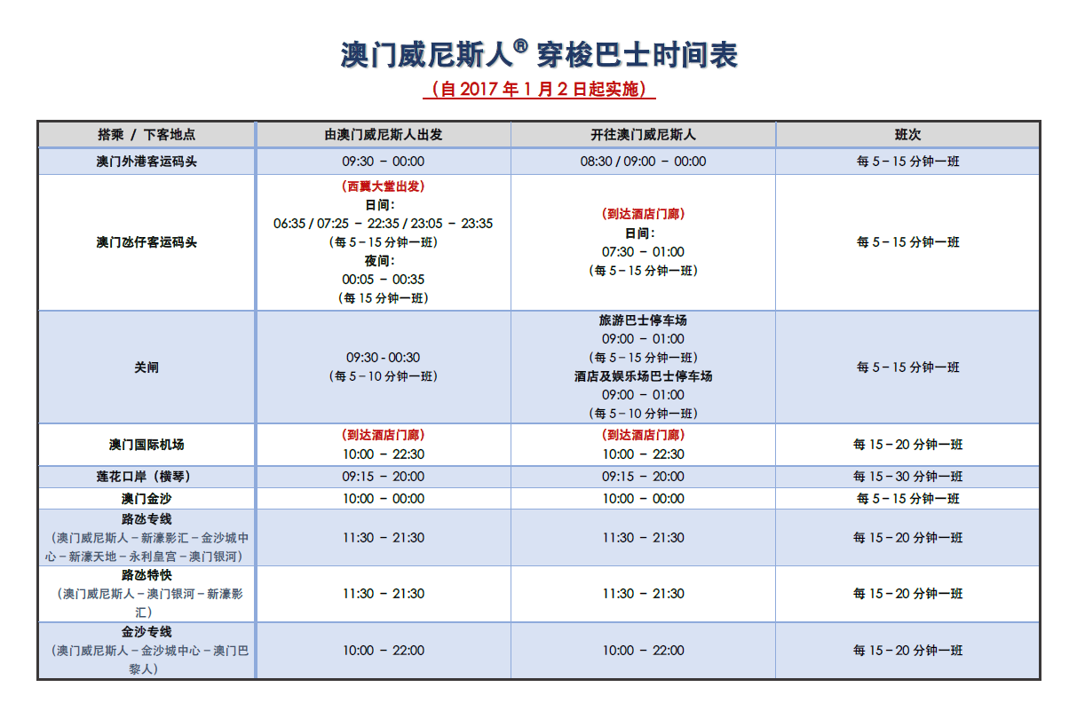 澳门酒店大巴 澳门威尼斯人酒店大巴